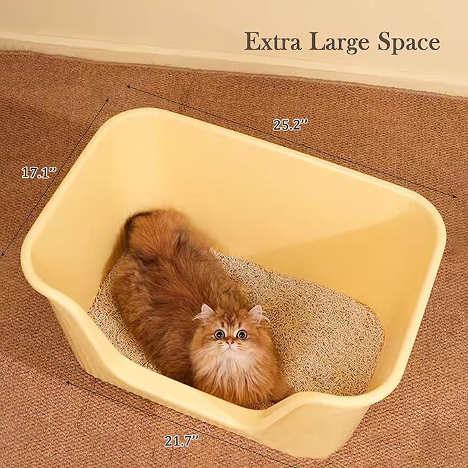 Vealind Jumbo Litter Box, XL Litter Boxes for Big Cats, Extra Large Space, High Sided Litter Pan, Leak-Proof & Anti-Splashing, Easy Clean & Durable (25” * 17” * 13” Yellow)-Mewly Pet