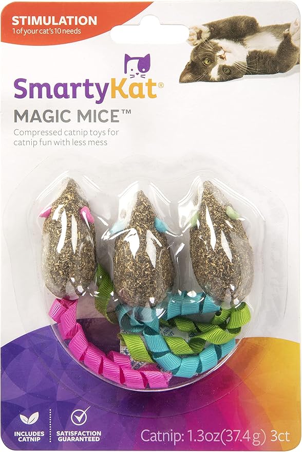 SmartyKat (3 Count) Magic Mice Compressed Catnip Ribbon Cat Toys - Green/Pink/Blue, 3 Count-Mewly Pet