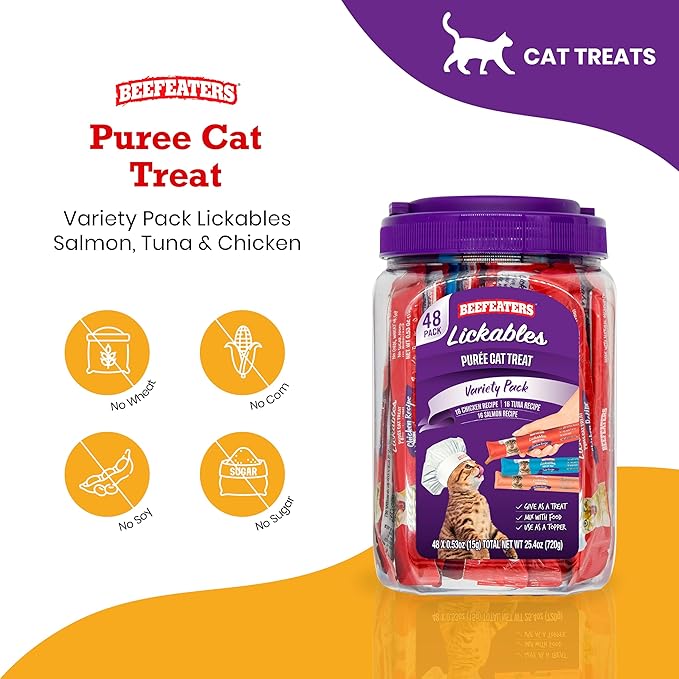Beefeaters Cat Treats Variety Pack Lickable Puree 48ct – Salmon, Tuna & Chicken, Grain-Free, Taurine-Enriched, Ideal for Training & Interactive Feeding-Mewly Pet