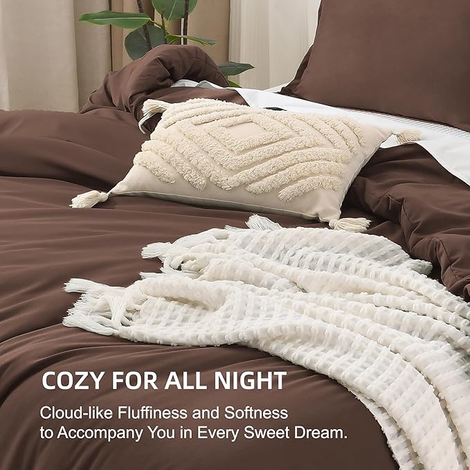 Litanika Brown Comforter Set Full Size, 3 Pieces Lightweight Solid Bedding Comforter Set, All Season Fluffy Bed Set (79x90In Comforter & 2 Pillowcases)