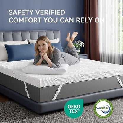 ELEMUSE 2 Inch Gel Memory Foam Mattress Topper Queen Size Pressure-Relieving Mattress Topper for Back Pain,Non-Slip Design with Removable & Washable Cover, CertiPUR-US