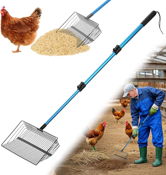 Large Chicken Poop Scooper & Rake: 22"-41" Extendable Long Handle Metal Chicken Coop Scooper with Detachable Heavy Duty Litter Sifting Shovel for Pet Waste | Chicken Coop Accessories-Mewly Pet