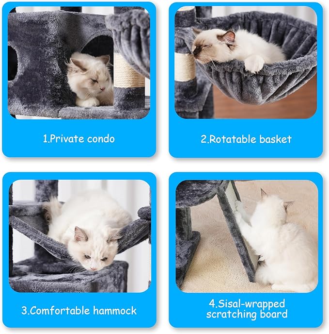 Hey-brother Cat Tree, 69.3-Inches Multi-Level Plush Cat Tower for Indoor Cats with Large Top Perch, Extra Spacious Hammock, 2 Hammocks Ramp, Hanging Ball, Smoky Gray MPJ037G-Mewly Pet