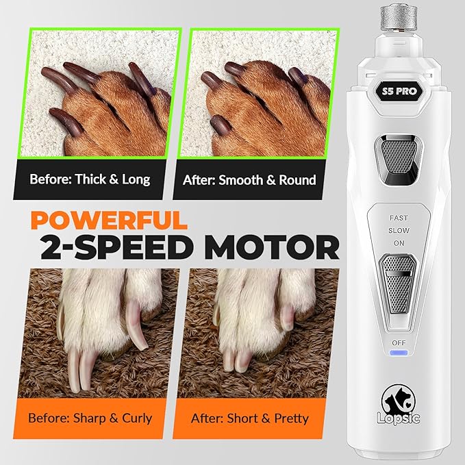 Dog Nail Grinder with 2 LED Lights Powerful 2 Speeds Super Quiet Dog Nail Trimmers with 3 Grinding Wheels Rechargeable Pet Dog Nail Clippers for Large Medium Puppy Dogs Dog Nail File Cat Nail Clipper-Mewly Pet