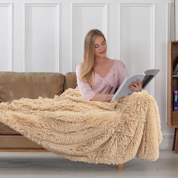 Tuddrom Decorative Extra Soft Faux Fur Throw Blanket 50"x60",Solid Reversible Fuzzy Lightweight Long Hair Shaggy Blanket,Fluffy Cozy Plush Fleece Comfy Microfiber Blanket for Couch Sofa Bed,Apricot