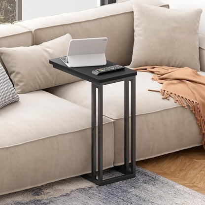 Yusong C Shaped End Table - Slide Under Sofa Couch Bed, Small Table for Small Spaces, Skinny Overbed, Coffee Drink Snack Table for Living Room, Black Oak