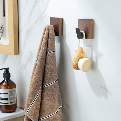 DELITON Adhesive Towel Hooks,Wall Hooks for bathrooms Without Drilling, Wood Wall Hooks for Hanging Robe, Towel, Bag Stick on Farmhouse Bathroom Bedroom Entryway 4 Packs Burned Brown