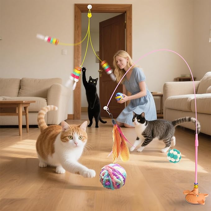 Cat toy pack with 27PCS self play accessories for indoor cats-cat teaser wand, fishing pole, suction cup, ball, string, mouse, feathers and hanging interactive cat toys for kitten Exercise & Chase-Mewly Pet