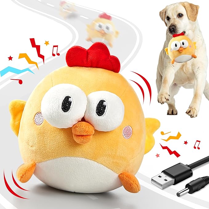 Interactive Dog Toys, Squeaky Moving Ball Toy with Jumping & Music Modes, Rechargeable Plush Chew Toys for Small/Medium/Large Dogs to Keep Puppy Busy Pet Toys (Chick)-Mewly Pet