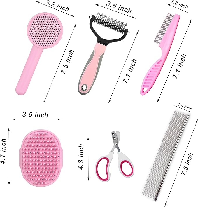Cat Grooming Brush Kit 6 Tools - Deshedding & Dematting for Long/Short Hair, Self-Cleaning Slicker Brush with 6-in-1 Flea Comb for Cats & Kittens (Pink)-Mewly Pet