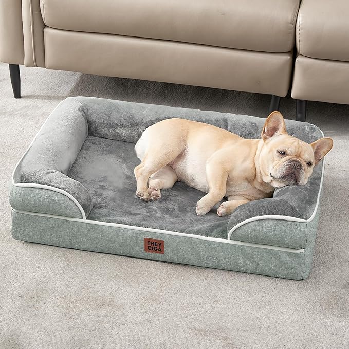 EHEYCIGA Orthopedic Dog Beds for Large Dogs, Waterproof Memory Foam Large Pet Bed with Sides, Non-Slip Bottom and Egg-Crate Foam Dog Couch Bed with Washable Removable Cover, Greyish Green-Mewly Pet