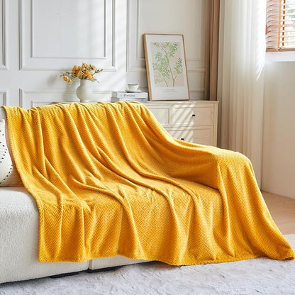 NEWCOSPLAY Super Soft Queen Blanket Mustard Yellow Premium Silky Flannel Fleece Leaves Pattern Lightweight Bed Blanket All Season Use (Mustard Yellow, Queen(90"x90"))