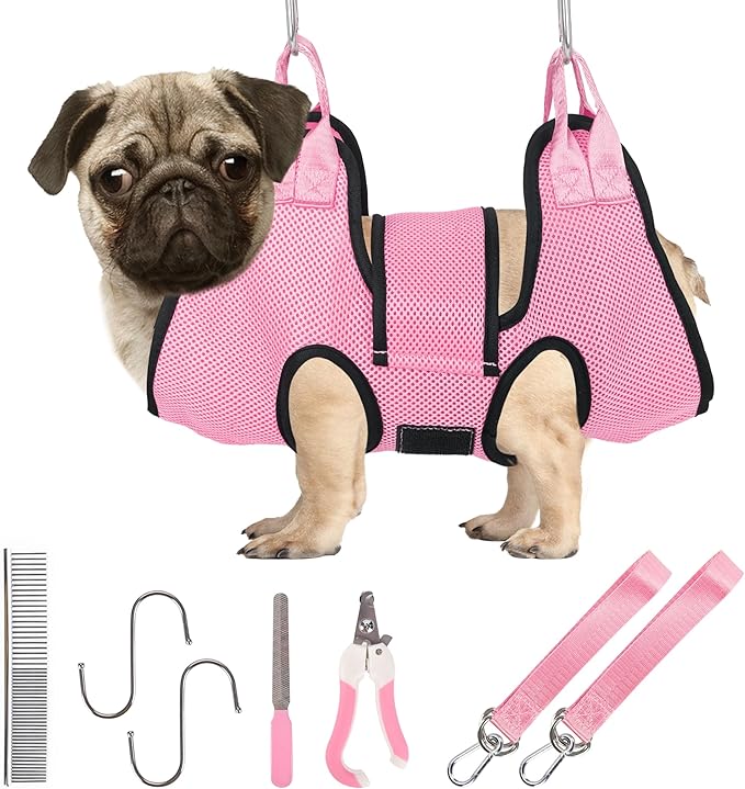 PatiencET Dog Grooming Hammock, Pet Grooming Hammock for Cats & Dogs with Security Strap, Dog Sling for Nail Trimming with Nail Clippers/Trimmer, Nail File, Pet Comb(Pink S)-Mewly Pet