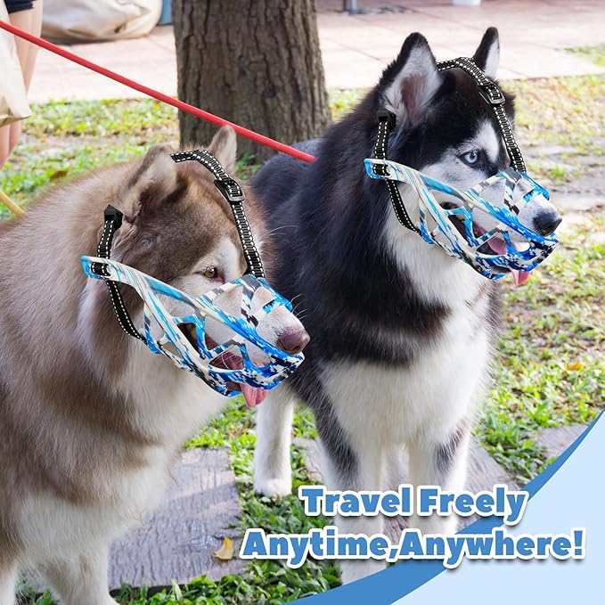 Dog Muzzle for Large Dogs, Medium and X-Large Aggressive Dog, Breathable Basket Muzzles, Suitable for Grooming Trimming Training, Allows Panting Drinking (Camouflage Blue, L)-Mewly Pet