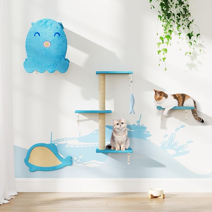 COZIWOW 4-Piece Wall-Mounted Cat Tree Set – Sturdy Wood Pet House, Scratching Board, Platforms, Sisal Posts & Blue Fish Charm – Ocean Blue-Mewly Pet
