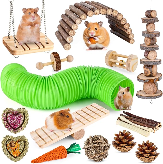 VESPRO Hamster Toys Set, Guinea Pig Toys Small Animal Chewing Toy and Rat Cage Accessories, Chinchillas, Gerbils, Rats, Rabbit Rodents Teeth Care, Apple Wood Timothy Hay Mouse Toy Swing Seesaw Bridge-Mewly Pet