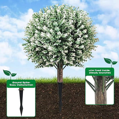 2 Pack White Artificial Christmas Tree, 24'' Outdoor Xmas Ball Tree,Fake Boxwood Topiaries with Spike,Faux Plants for Planters Urn Filler, Porch Potted Entrance Driveway Decor