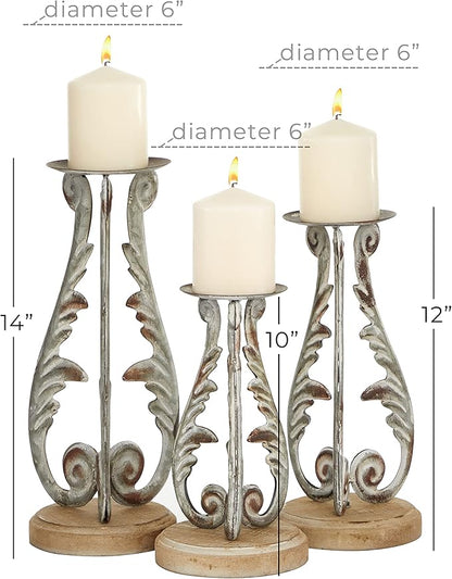 Deco 79 Metal Solid Candle Holder, Set of 3 14", 12", 10"H, Silver