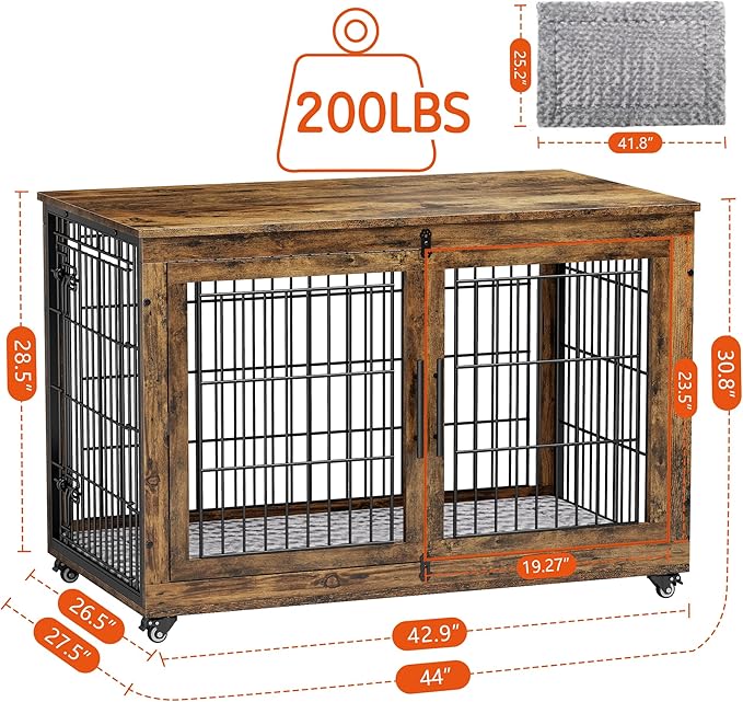 Lulive Dog Crate Furniture, XL Wooden Dog Kennel Indoor Double Doors Dog Cage, 44'' Heavy Duty Dog Crate with Cushion & Wheels, Decorative End Table Pet House Chew-Resistant for Large Dogs, Brown-Mewly Pet