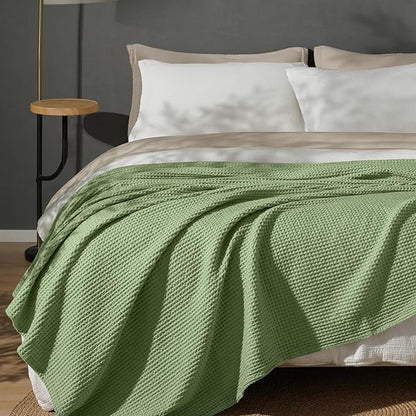 PHF 100% Cotton Waffle Weave Blanket King Size for Bed,Snag Proof Lightweight Breathable Moisture-Wicking Throw for Couch,Great for Layering in Cold Weather,Machine Washable,Home Decor-Loden Green