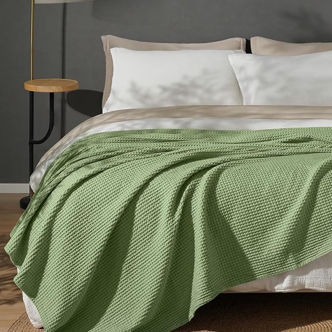 PHF 100% Cotton Waffle Weave Blanket Queen Size for Bed,Snag Proof Lightweight Breathable Moisture-Wicking Throw for Couch,Great for Layering in Cold Weather,Machine Washable, Home Decor-Loden Green