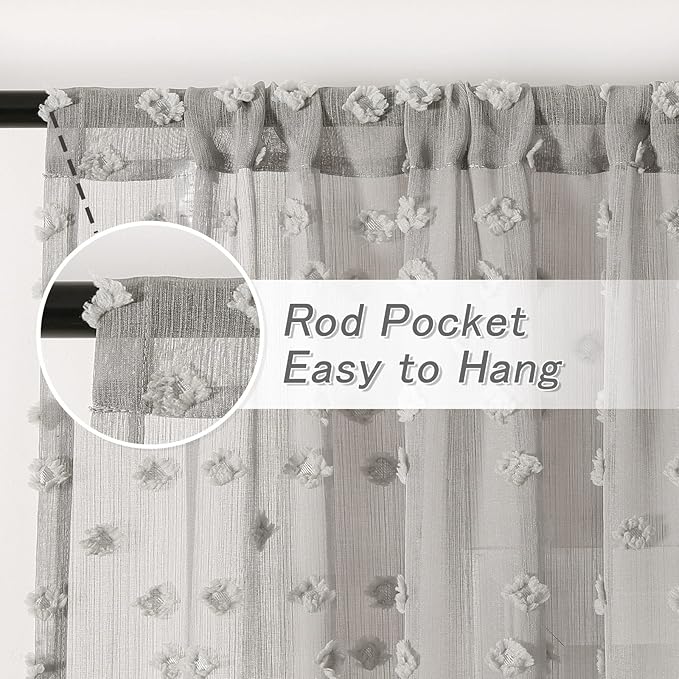MYSKY HOME Pom Pom Grey Sheer Curtains for Bedroom Girls Room Curtains 72 Inches Long for Nursery Kids Light Filtering Boho Window Drapes, Rod Pocket, 52" Wide, 2 Panels