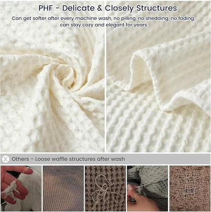 PHF Pre-Washed Cotton Waffle Weave Blanket Throw Size for Couch Bed,Snag Proof Spring Summer Lightweight Breathable,Oeko-TEX Certified,Machine Washable, Home Decor Gift，Cream