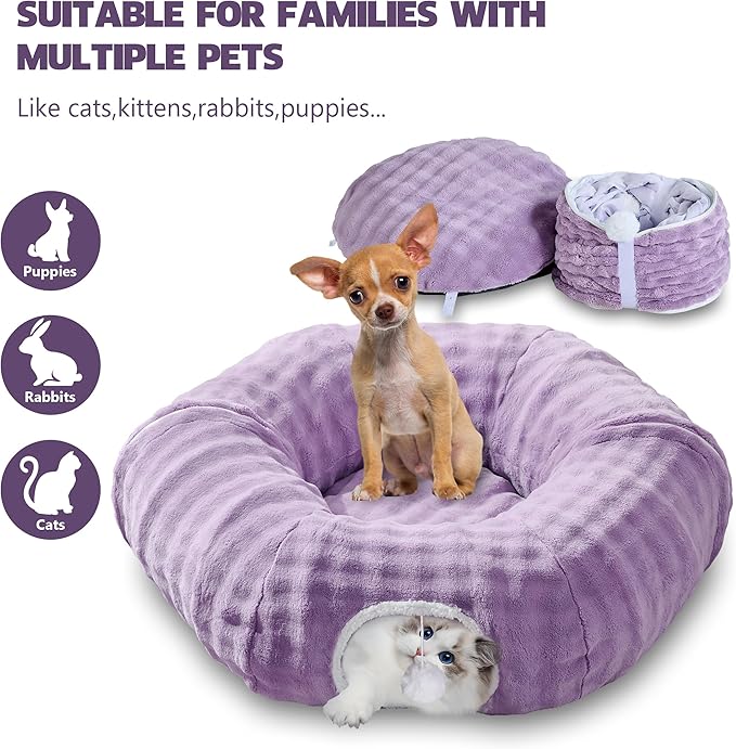 Bubble Cat Tunnel for Indoor Cats, Round Peekaboo Cave Toy with Dangling Balls, Donut Tunnel Bed with Circle Mat for Puppy Kitten Rabbit, Dusty Purple-Mewly Pet