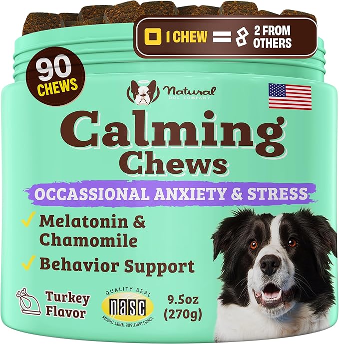 Natural Dog Company Calming Chews for Dogs, Stress & Anxiety Relief Supplement with Chamomile, Valerian Root & Melatonin, Natural Soothing Chews for Travel, Thunder, Fireworks & Separation (90 cnt)-Mewly Pet