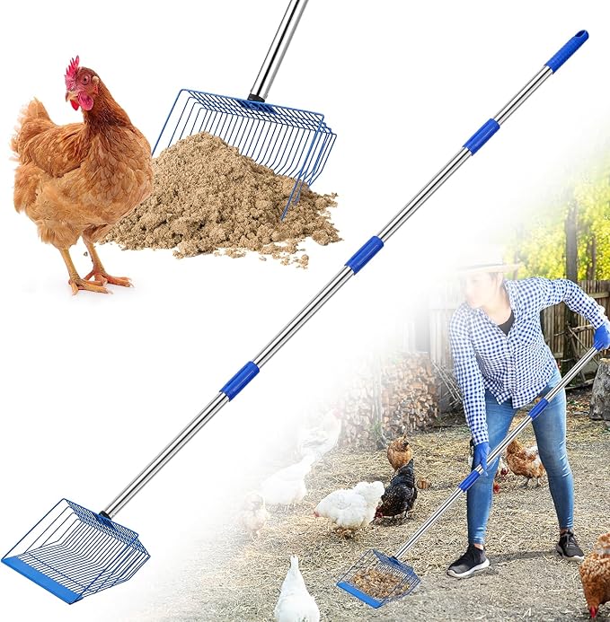 Large Chicken Poop Scooper, Heavy Duty Chicken Coop Scoop for Sand, 35" to 64" Adjustable Stainless Steel Handle, Multifunctional Sifting Shovel for Chicken Coop/Goat Stall/Stable Cleaning-Mewly Pet