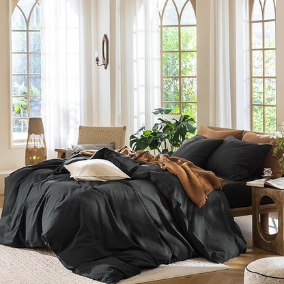 MooMee Bedding Duvet Cover Set 100% Washed Cotton Linen Like Textured Breathable Durable Soft Comfy (Solid Black, Twin 68"x90")