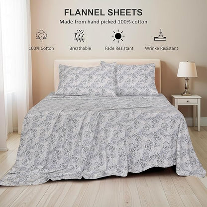 RUVANTI Flannel Sheets Queen Size - 100% Cotton Double Brushed Bed Sheets, Deep Pockets 16 Inches Queen Sheet Set, All Seasons Breathable & Extra Soft - Warm & Cozy, 4 Piece, Pacific