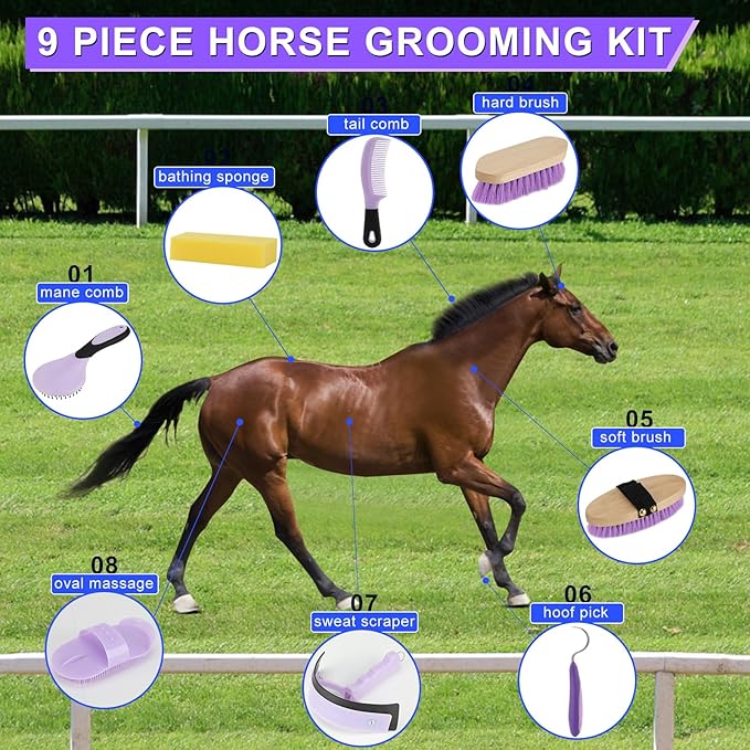 9 Pieces Grooming Kit with Tote Bag, Sweat Scraper, Sponge, Hoof Pick, Curry Comb for Horse Riders Beginners (Purple)-Mewly Pet