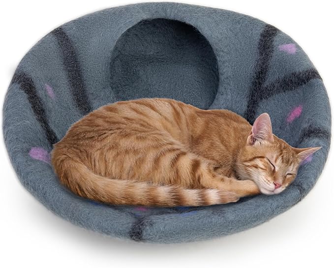 Woolygon Premium Felt Cat Cave Bed – Wool Kitty Beds Handcrafted Kitten Caves Bed for Indoor Cats - Made from 100% Eco-Friendly Merino Wool, Foldable Cat Hidewawy Covered Cat Houses (Enchanted Tree)-Mewly Pet