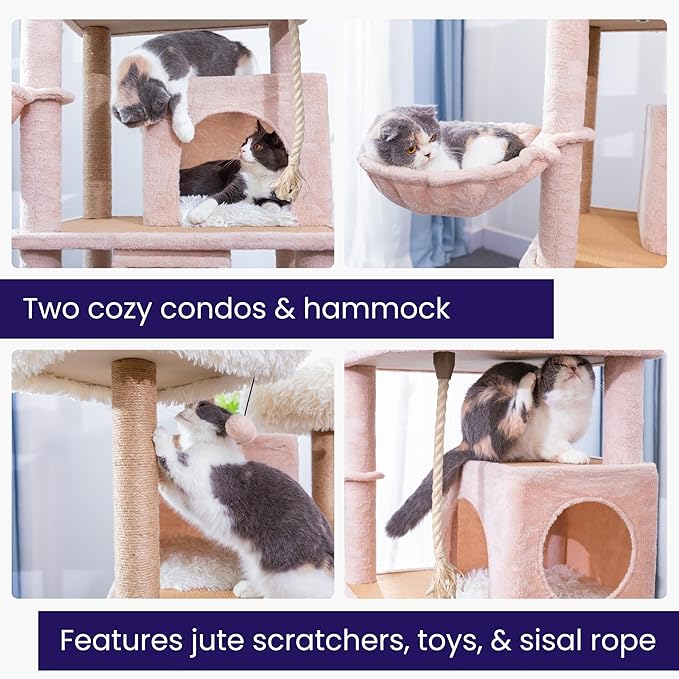 Catry 74.5" High 7-Level Extra Large Cat Tree with 2 Condos,2 Hammock,3 Washable Top Beds, Scratching Ramp Pad, Replaceable Scratching Posts, for Multi-Cat Homes (Light Brown &White)-Mewly Pet