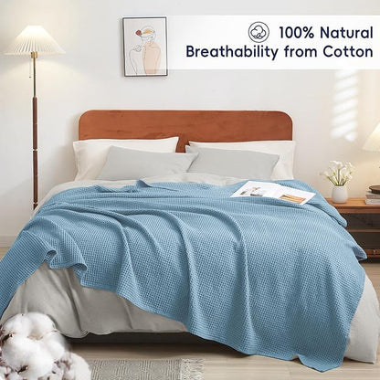 PHF Pre-Washed Cotton Waffle Weave Family Blanket,Oversized King Size 120"x 120"-Snag Proof Lightweight Breathable, 10'x 10' Huge Extra Large Big-Elegant Aesthetic Home Decoration Gift,Dusty Blue