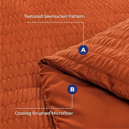 HYMOKEGE Burnt Orange King Size Comforter Set Seersucker 7 Pieces, All Season Luxury Bed in a Bag for Bedroom, Bedding Set with Comforters, Sheets, Pillowcases & Shams