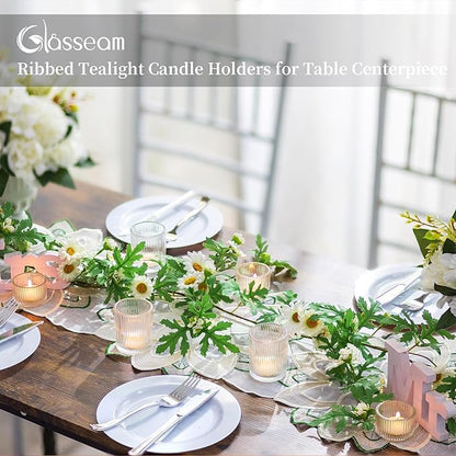 Glasseam Glass Tealight Candle Holder: Set of 8 Ribbed Clear Votive Candle Holders for Table Centerpiece, Decorative Small Vintage Tea Lights Candle Holder for Wedding Christmas Dining Room Decoration