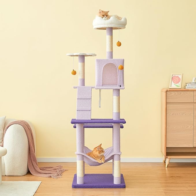 MWPO Flower Large Cat Tree, 70.1-Inch Multi-Level Tall Cat Tower for Indoor Cats, Plush Cat Condo with Big Padded Perches, Sisal-Covered Scratching Posts, Hammock, Toys for Kittens & Cats-Mewly Pet