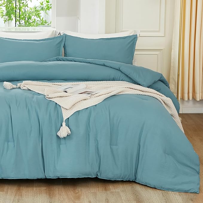 Litanika Comforters Grayish Teal Oversized King Size, 3 Pieces Lightweight Solid Bedding Comforter Set, All Season Fluffy Bed Set (120x98In Comforter & 2 Pillowcases)