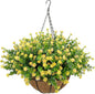 Artificial Hanging Flowers Basket for Outdoor, 16 Fake Flowers Look Real UV Resistant, Faux Hanging Plants for Porch, Balcony, Patio, Garden, Spring Summer Decor,Yellow