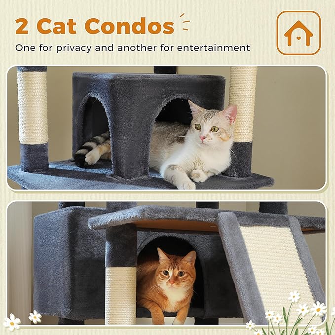 81 Inch Tall Cat Tree for Big Cats & Multi-Cat Homes, Large Heavy Duty Cat Tower with Metal Frame Hammock, 6 Scratching Posts, 2 Condos, 2 Perches, Scratching Pad - Dark Grey-Mewly Pet