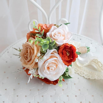 Wedding Bouquets for Bride Bridesmaid, Artificial Burnt Orange Bride Flower Bouquet for Wedding Church Decoration Ceremony, Anniversary, etc, Roses Flowers