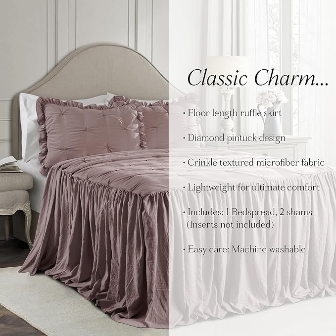 Lush Decor Ravello Pintuck Ruffle Skirt Bedspread Set - Luxe 3 Piece Ruffled Bedding Set - Traditional Glam & Farmhouse Inspired Bedroom Decor - King, Woodrose