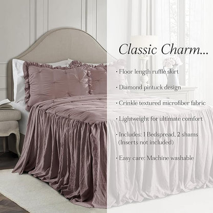Lush Decor Ravello Pintuck Ruffle Skirt Bedspread Set - Luxe 3 Piece Ruffled Bedding Set - Traditional Glam & Farmhouse Inspired Bedroom Decor - King, Woodrose