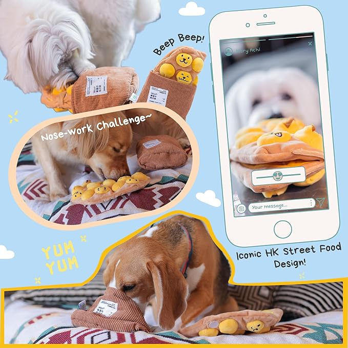 Egg Puff/Waffle 2-in-1 Nose-Work Soft Plush Squeaky Dog Toy - Durable, Cute & Fun HK Gift for Interactive Bonding Time, Hide Chew Sticks & Food for Puzzle Play, Small Medium Dogs-Mewly Pet