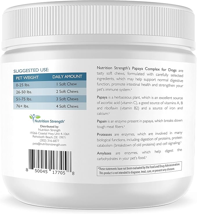 Papaya for Dogs Digestive Enzyme Complex to Support Normal Intestinal Function, Boost Immunity, with Organic Papaya Fruit + Papain, Protease & Amylase, 90 Soft Chews-Mewly Pet
