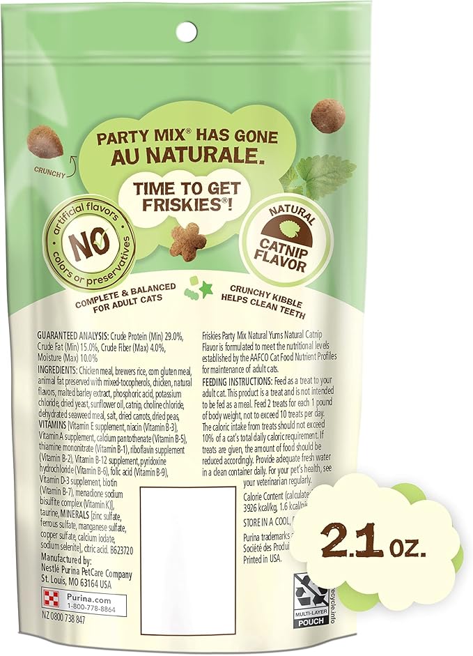 Purina Friskies Made in USA Facilities, Natural Cat Treats, Party Mix Natural Yums Catnip Flavor - (Pack of 10) 2.1 oz. Pouches-Mewly Pet
