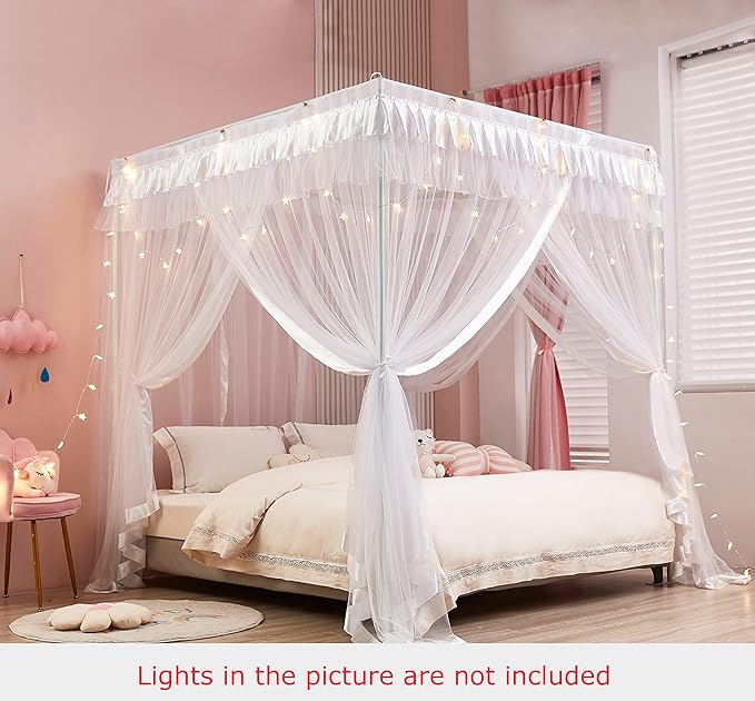 Mengersi Princess 4 Corners Post Bed Curtain Canopy Mosquito Netting (White, Twin)