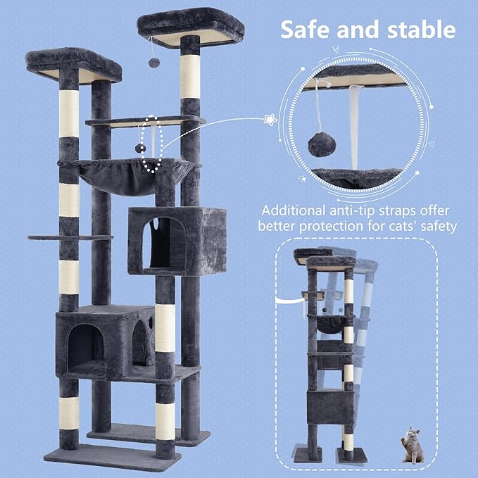 Hey-brother Tall Cat Tree Tower, Heavy Duty Scratching Posts with Large Platforms, Cozy Condos, Big Hammock, Toy Balls, Multi-Level Furniture for Indoor Adult Cats, 80.7 Inches, Smoky Gray MPJ039G-Mewly Pet